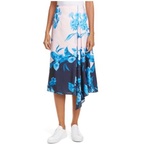 TED BAKER Pink Blue Floral Asymmetrical Midi Skirt - Picture 1 of 11